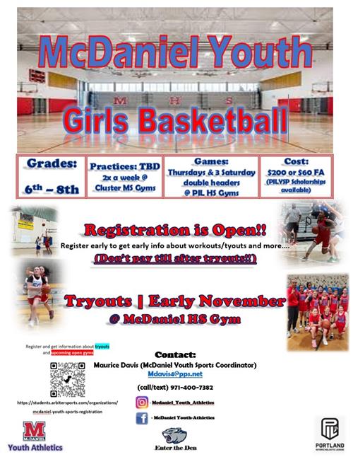 Girls basketball registration open flyer